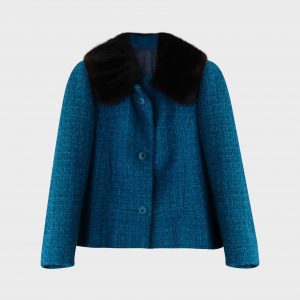 Grüne Tweedjacke mit schwarzem Kunstpelz